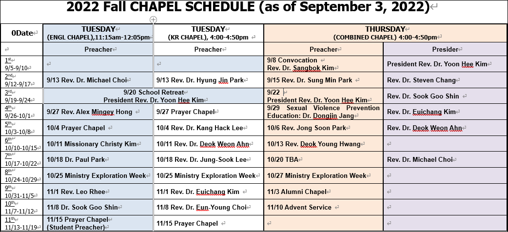 Schedule - 2022 Fall CHAPEL SCHEDULE (as of September 3, 2022)