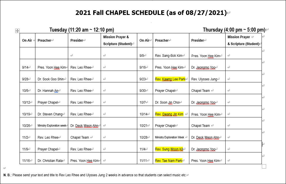 Schedule - 2021 Fall CHAPEL SCHEDULE